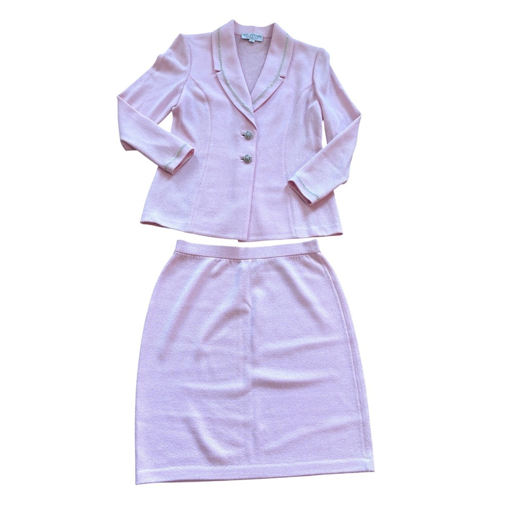 St. John Evening Marie Gray Pink Knit Skirt Suit Rhinestone Trim‎ Blazer Set 6